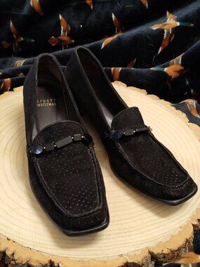 Stuart Weitzman Vintage 90’s Black Perforated Suede Charm Loafers Detail Sz 8.5